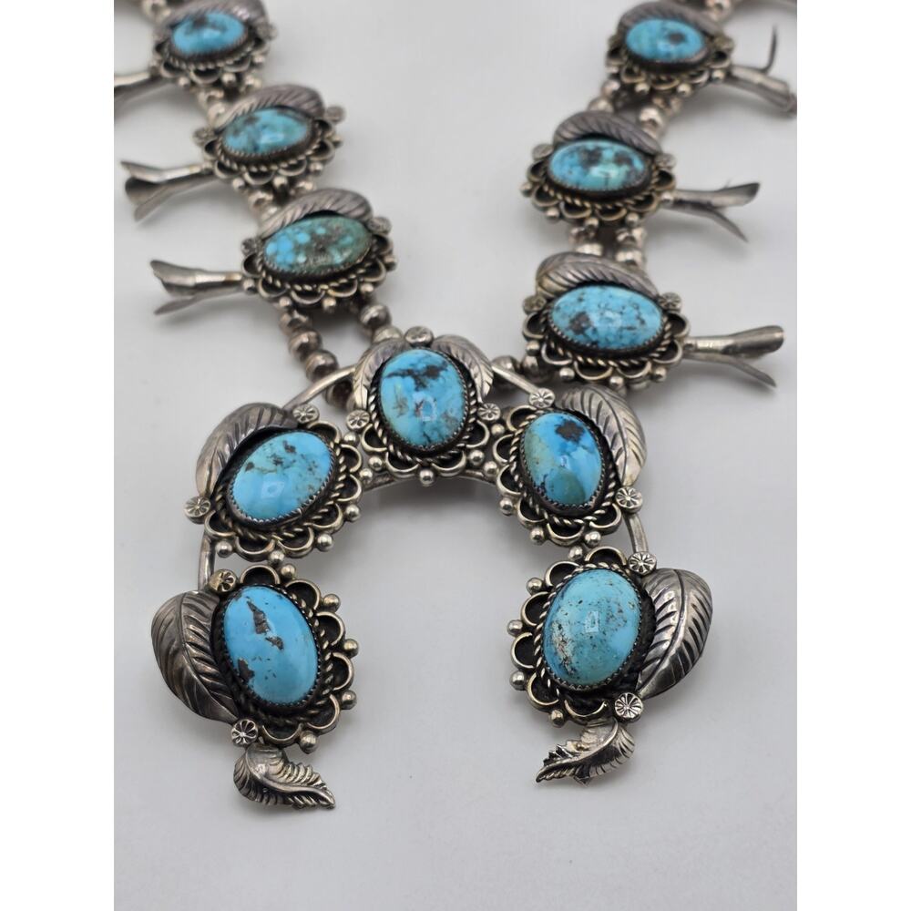 Early Navajo Indian KINGMAN Turquoise Sterling Silver Squash Blossom Necklace